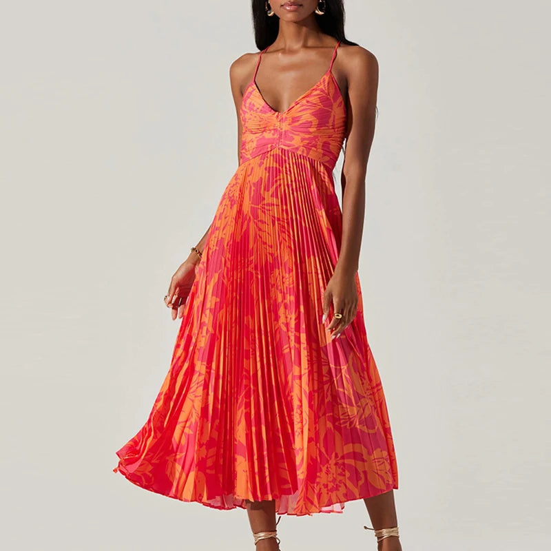 Vestido midi elegante con pliegues y estampado floral